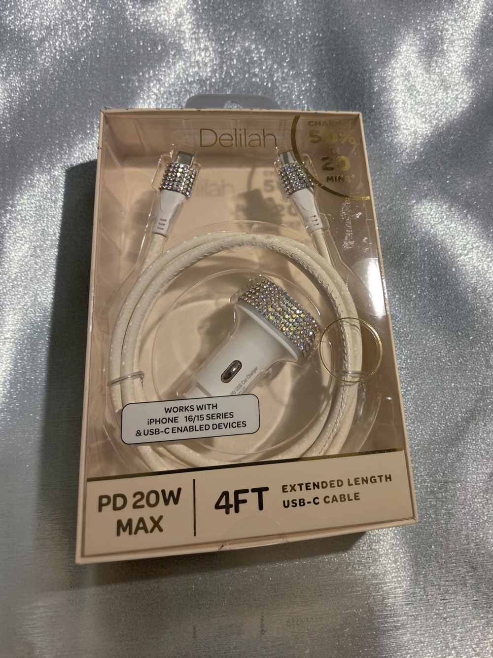 Elila White USB-C to Lightning Cable and Car Charger with Crystal Accents